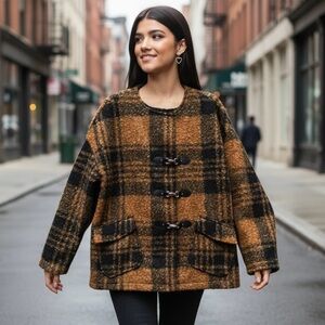 🌻NEW w/tags NATIVE YOUTH Ramos Boucle Check Wrap Coat Size Large